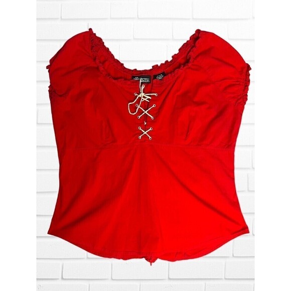 No Boundaries Stretch Junior Women's Size 1X Shirt‎ Y2k Zie-Up Peasant Style Red - Picture 2 of 9